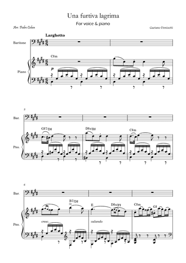 Una Furtiva Lagrima (Baritone in C#m) (arr. Pedro Cohen)