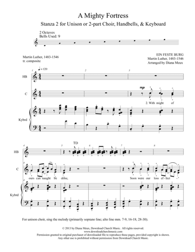 A Mighty Fortress - Hymn stanza #2 (Unison or 2-part choir, handbells, and keyboard) (arr. Diana Meux)