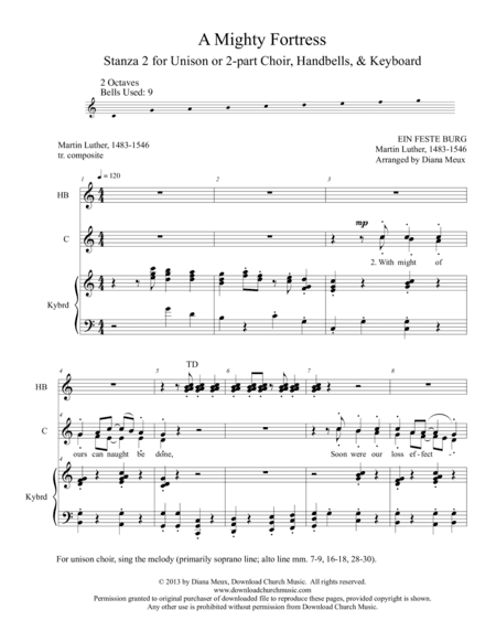 A Mighty Fortress - Hymn stanza #2 (Unison or 2-part choir, handbells, and keyboard) (arr. Diana Meux)