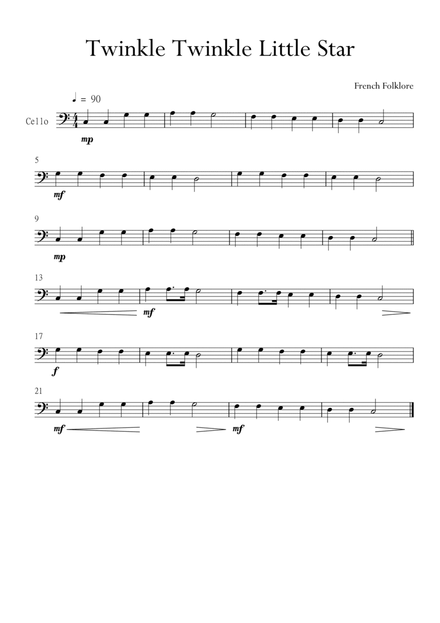 Twinkle Twinkle Little Star for Cello (Violoncello) in C Major. Very Easy. (arr. Matheus Araújo)