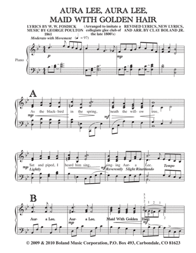 AURA LEE, AURA LEE, MAID WITH GOLDEN HAIR (ORIGINAL MELODY OF "LOVE ME TENDER") (arr. Clay Boland Jr.)