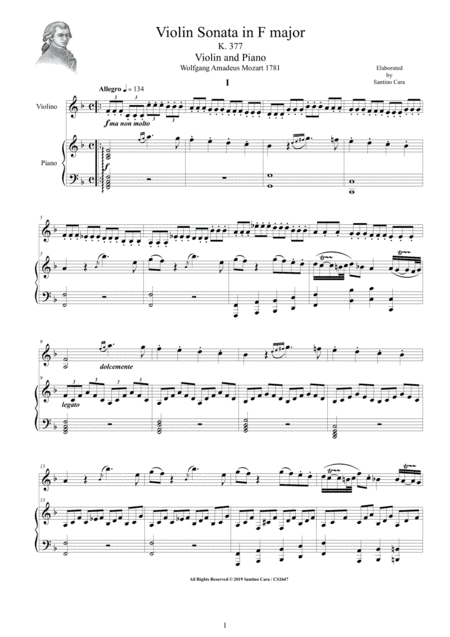 Mozart - Violin Sonata No.25 in F major K 377 for Violin and Piano - Score and Part (arr. Santino Cara)