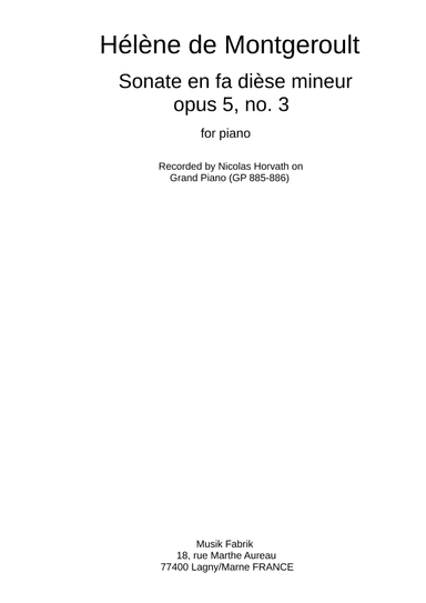 Hélène de Montgeroult: Sonata in f-sharp minor, Opus 5 no. 3 (arr. Paul Wehage (editor))