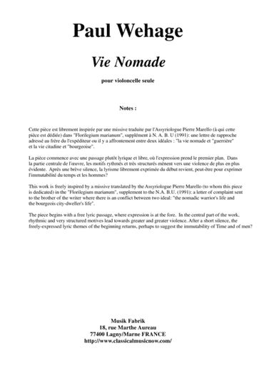 Paul Wehage: Vie Nomade for solo violoncello