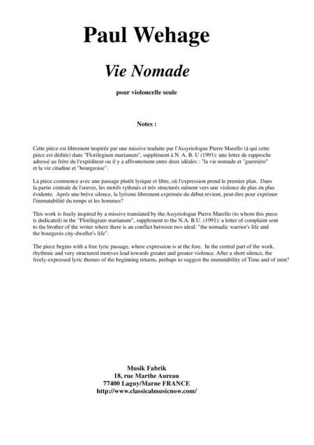 Paul Wehage: Vie Nomade for solo violoncello