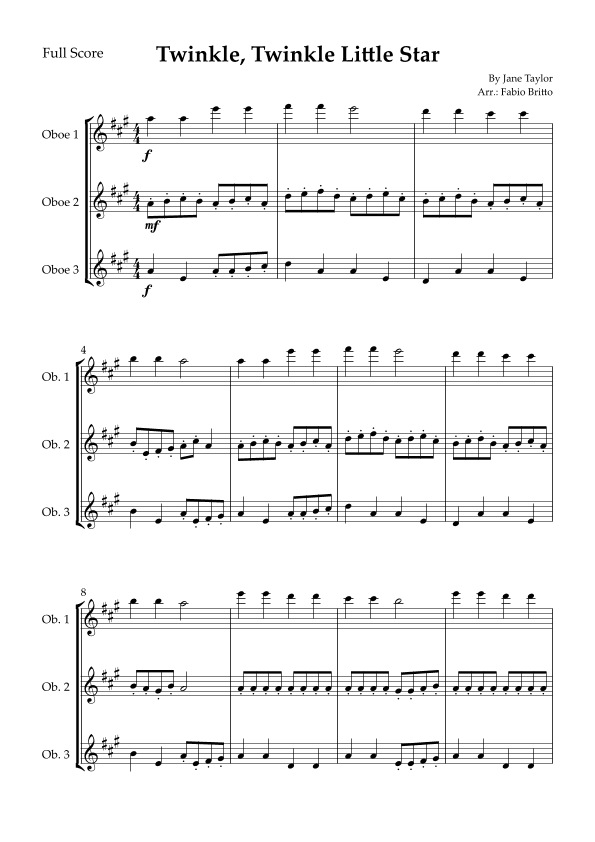 Twinkle, Twinkle Little Star for Oboe Trio (arr. Fabio Britto)