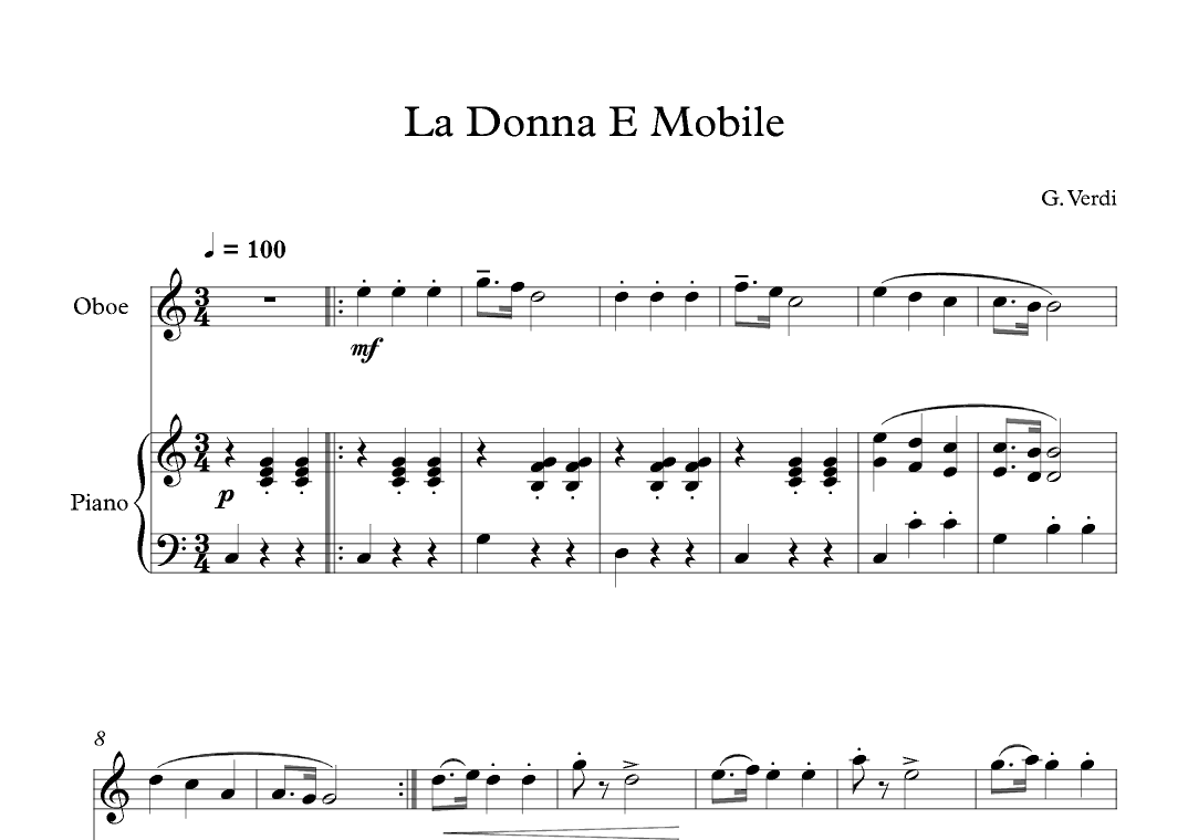 La Donna E Mobile - Giuseppe Verdi (Oboe + Piano) (arr. Digital Book Music)
