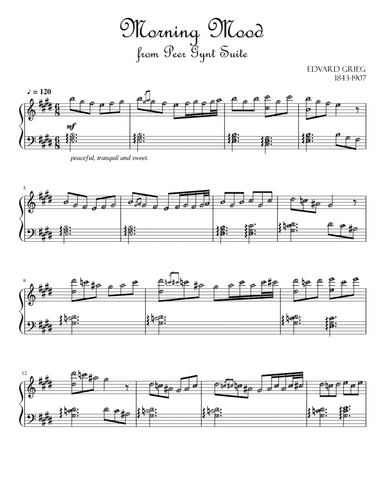 Morning Mood from The Peer Gynt Suite (Mendelssohn) Piano Solo for Intermediate with note names (arr. Published Harmony Valarie)