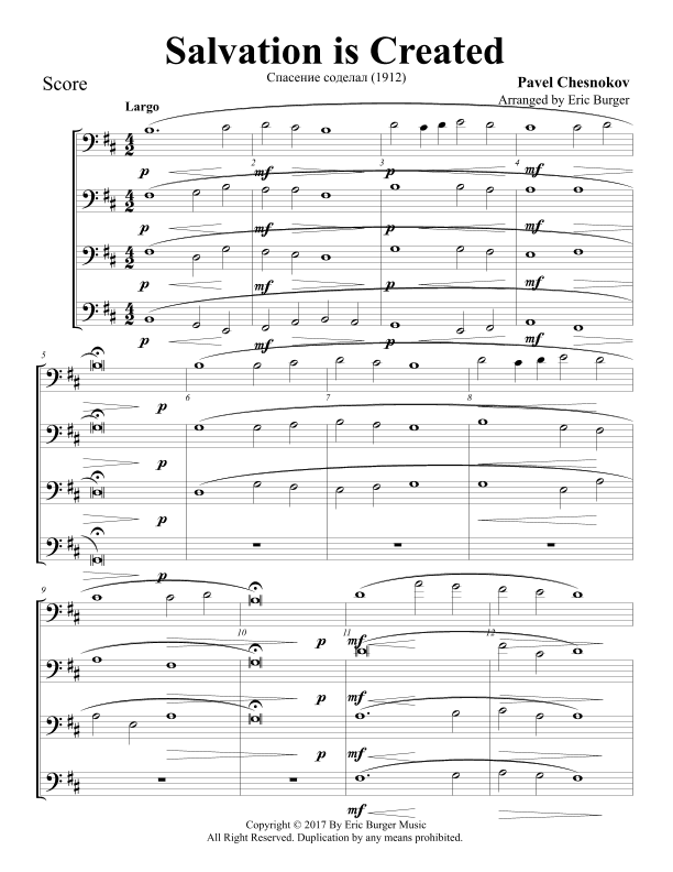 Salvation is Created for Trombone or Low Brass Quartet (arr. Eric Burger Music)