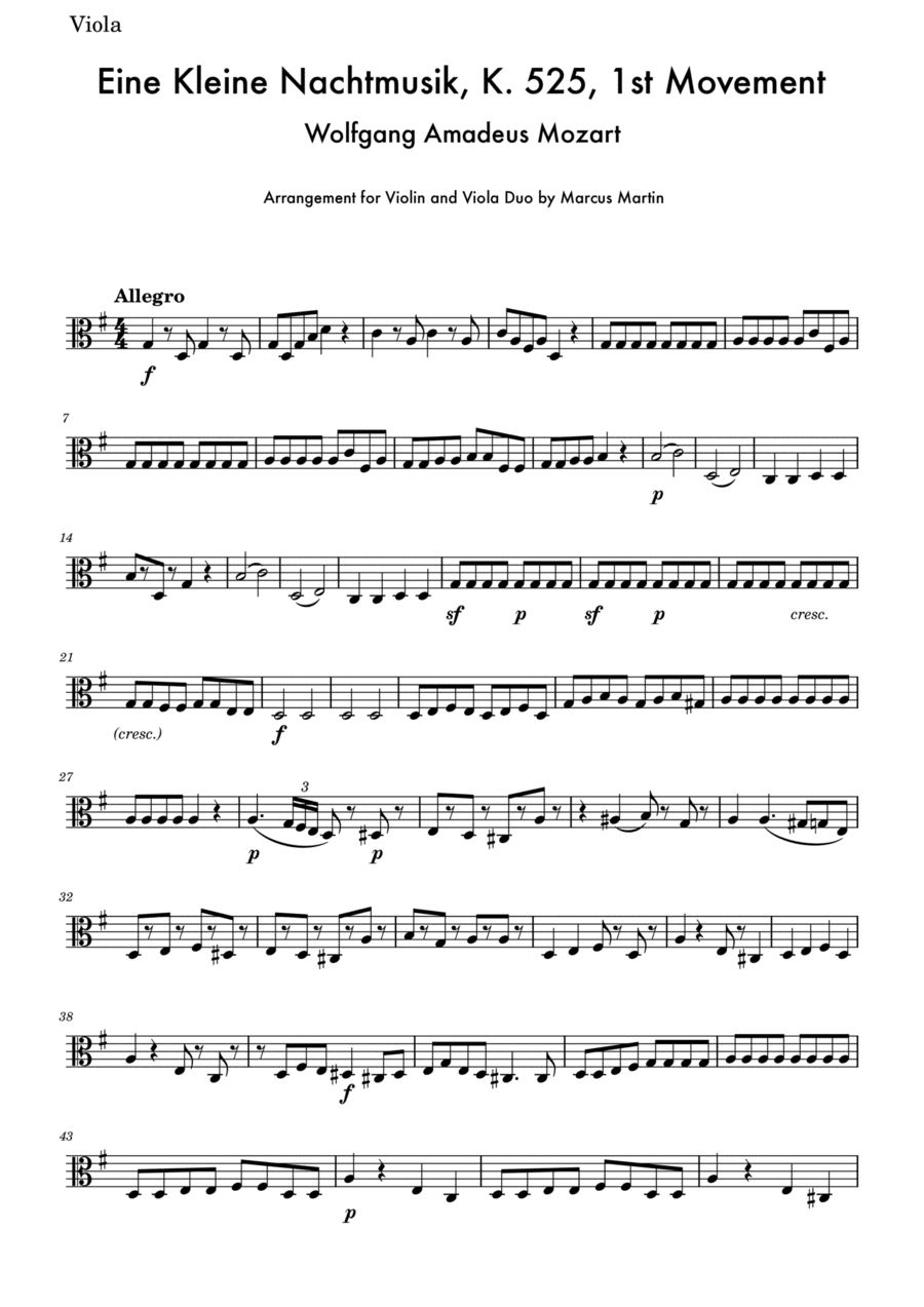 EIne Kleine Nachtmusik K575 Allegro for Violin and Viola Duo (arr. Marcus Martin)