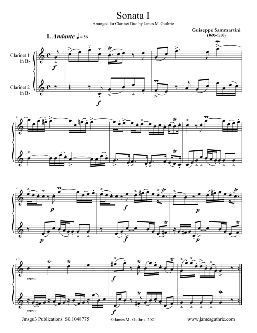 Sammartini: Sonata Op.1 No.1 for Clarinet Duo (arr. James M. Guthrie)