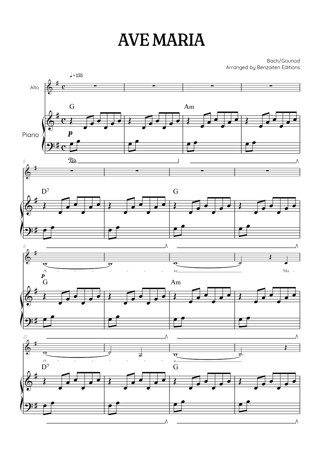 Bach / Gounod Ave Maria in G major • contralto sheet music with piano accompaniment and chords (arr. Benzaiten Editions)