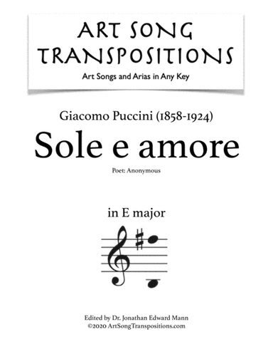 PUCCINI: Sole e amore (transposed to E major) (arr. ArtSongTranspositions.com)