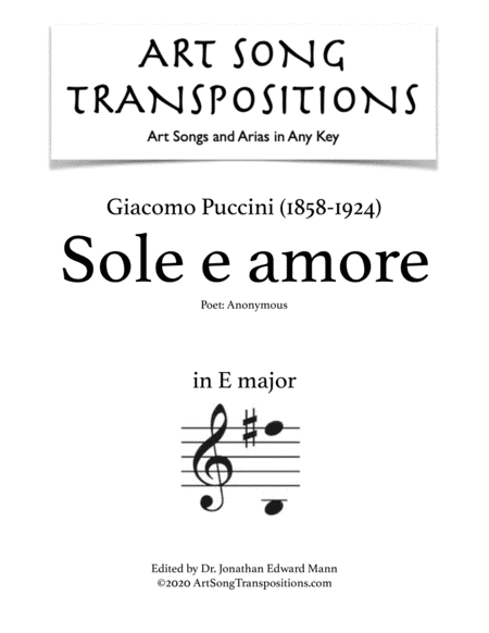 PUCCINI: Sole e amore (transposed to E major) (arr. ArtSongTranspositions.com)