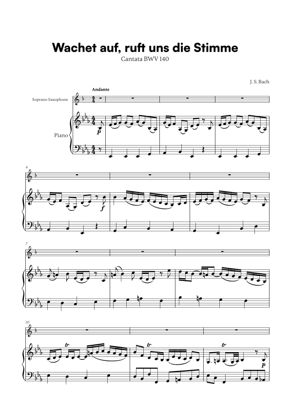 Wachet auf, ruft uns die Stimme (for Soprano Saxophone and Piano) (arr. Cadenza Editions)