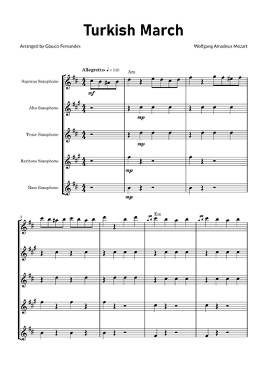 Turkish March by Mozart - Saxophone Quintet with Chord Notations (arr. Glauco Fernandes)