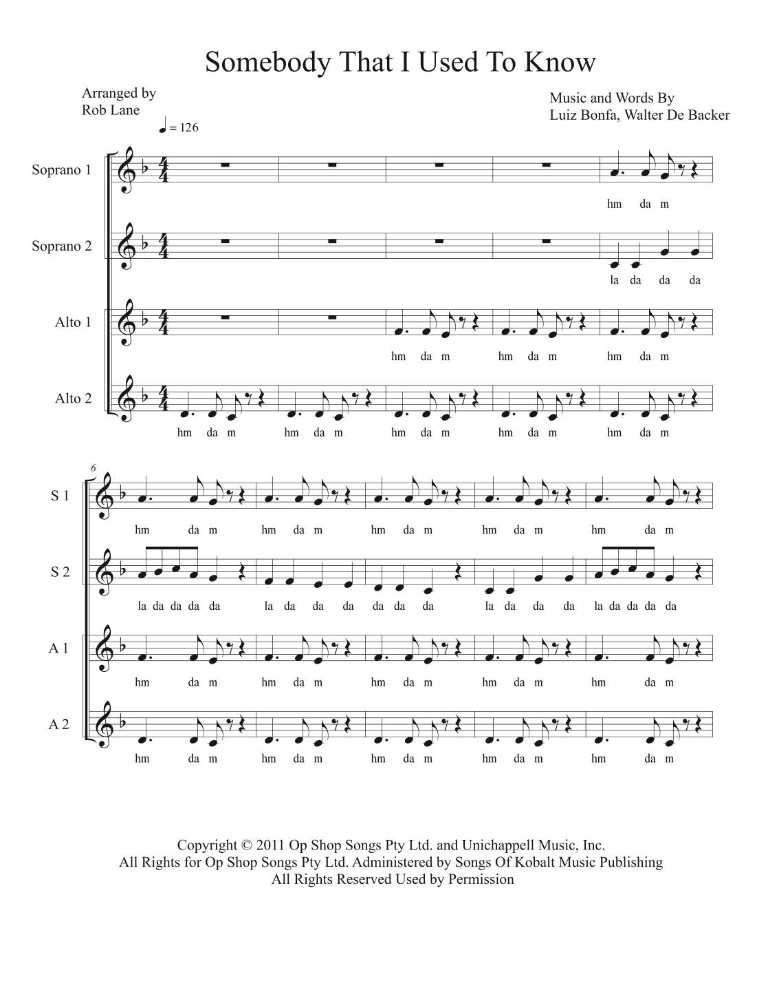 Somebody That I Used To Know (arr. Rob Lane)