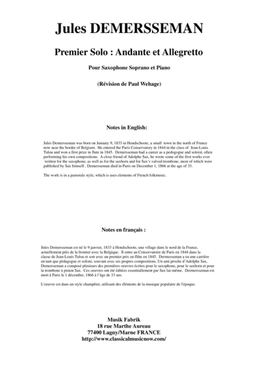 Jules Demersseman : Premier Solo : Andante et Allegretto for soprano saxophone and piano (arr. Musik Fabrik Music Publishing)