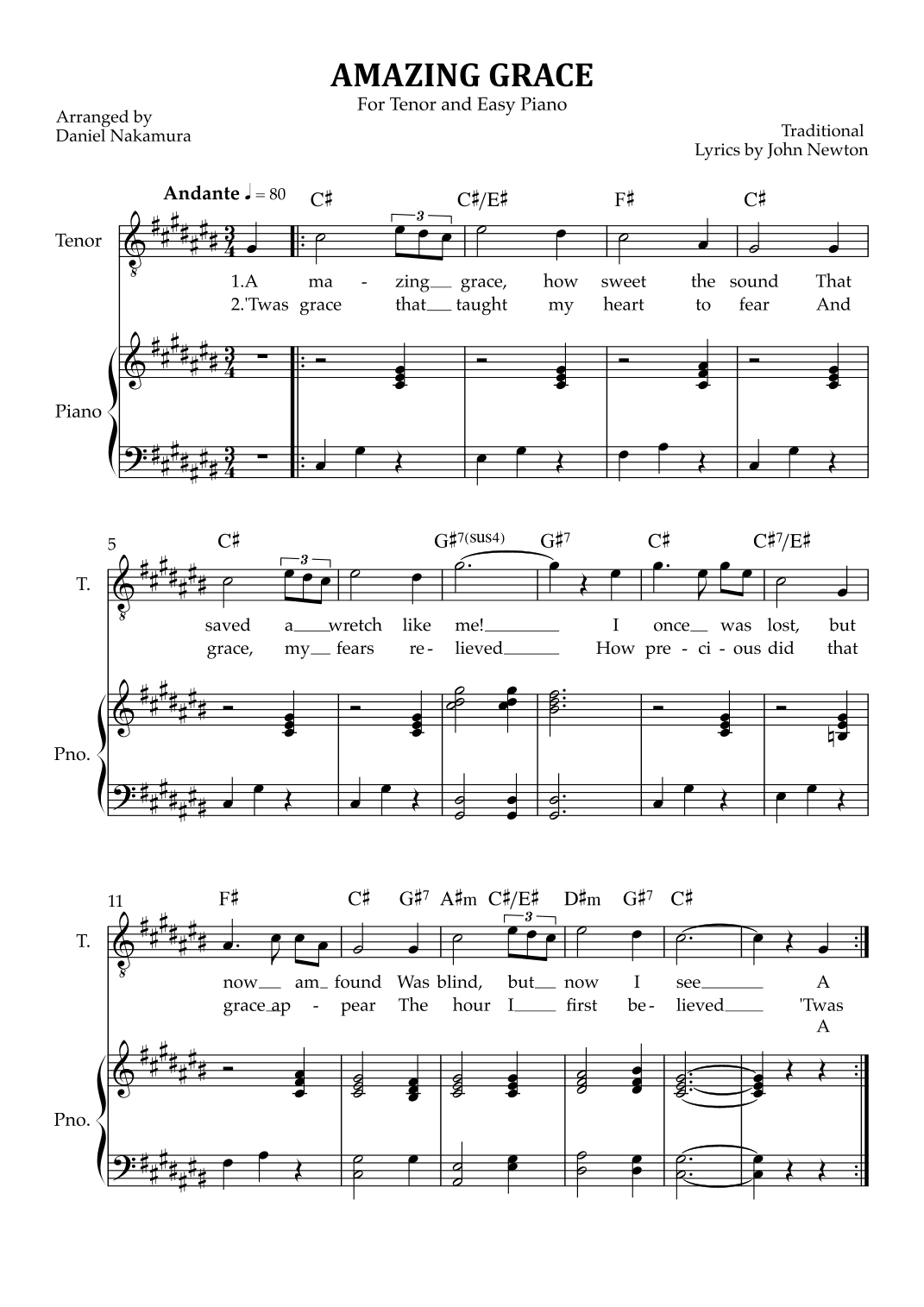 Amazing Grace (for tenor vocal with easy piano) (arr. Daniel Nakamura)