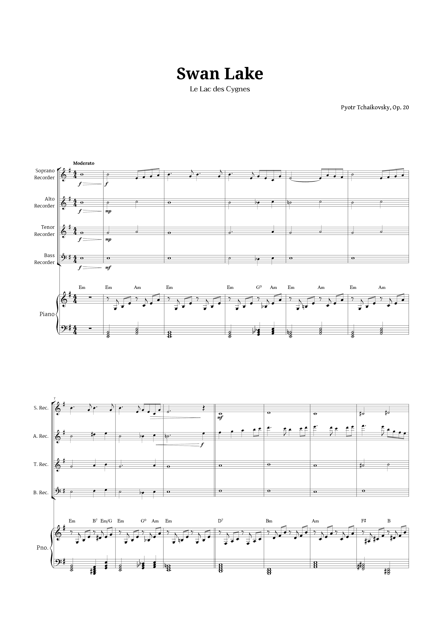 Swan Lake by Tchaikovsky for Recorder Quartet and Piano (arr. Langanho)
