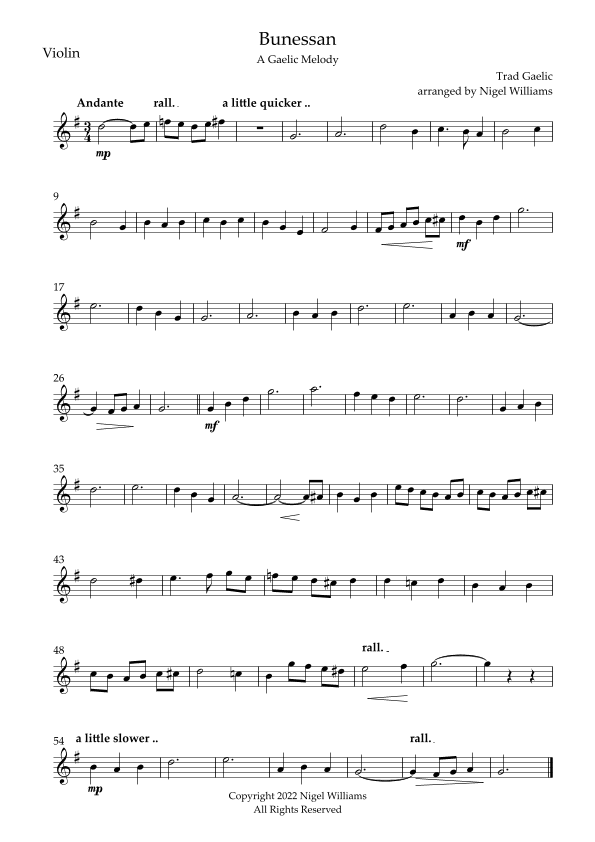 Bunessan, a Gaelic Melody, for Violin and Cello Duet (arr. Nigel Williams)