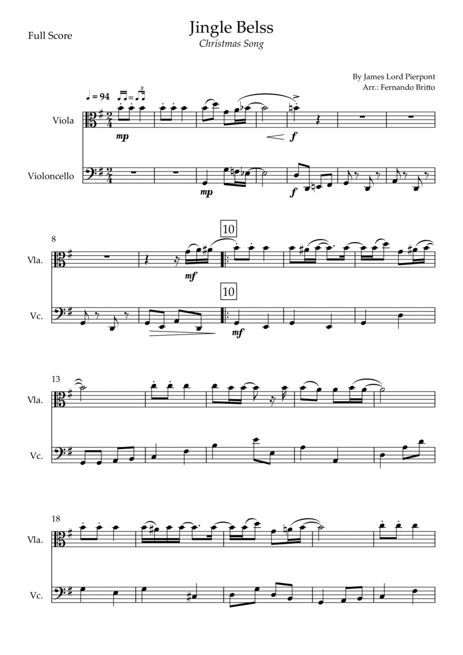 Jingle Bells - Jazz Version (Christmas Song) for Viola & Cello Duo (arr. Fernando Britto)