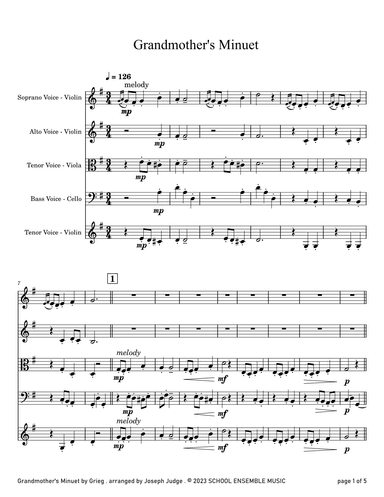 Grandmother's Minuet by Grieg for String Quartet in Schools (arr. Joseph Judge)
