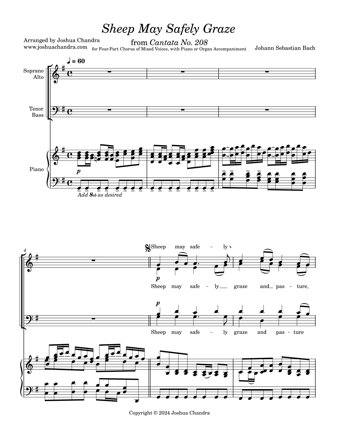 Sheep May Safely Graze (SATB + Keyboard) by J.S. Bach (arr. Joshua Chandra)