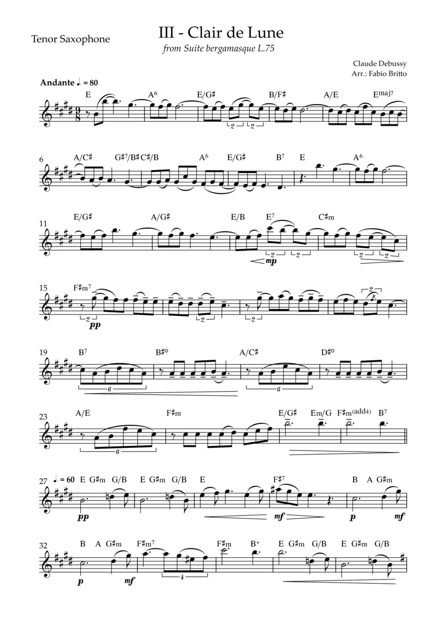 Clair de Lune (C. Debussy) for Tenor Saxophone Solo with Chords (D Major) (arr. Fabio Britto)