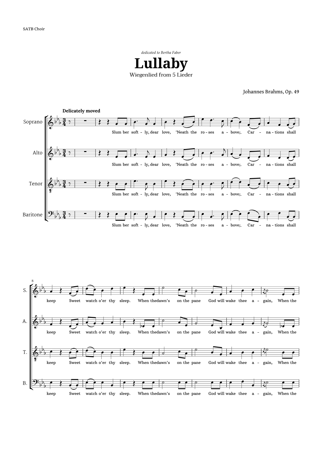 Lullaby by Brahms for SATB Choir (arr. Langanho)