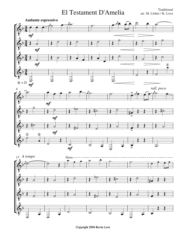El Testament D'Amelia (Guitar Quartet) - Score and Parts (arr. Miguel Llobet, Kevin Love)