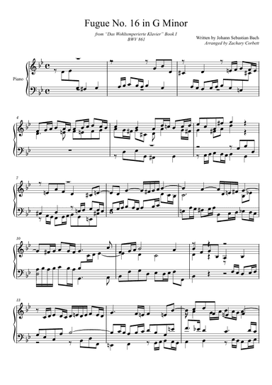 Fugue No. 16 BWV 861 in G Minor (arr. Zachary Corbett)