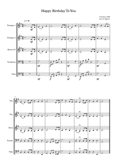 Happy Birthday To You, Patty & Mildred J. Hill, For Brass Quintet