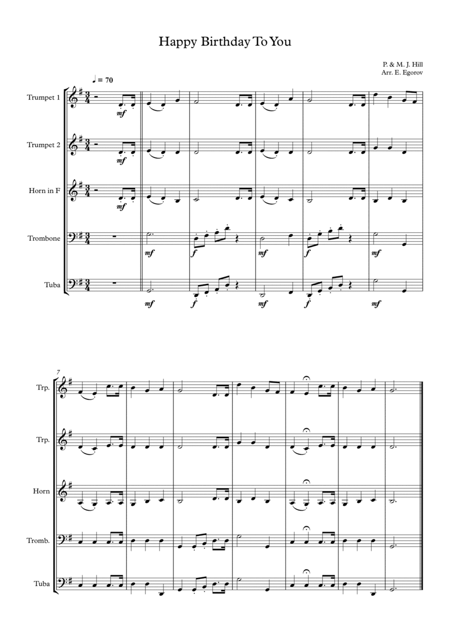 Happy Birthday To You, Patty & Mildred J. Hill, For Brass Quintet