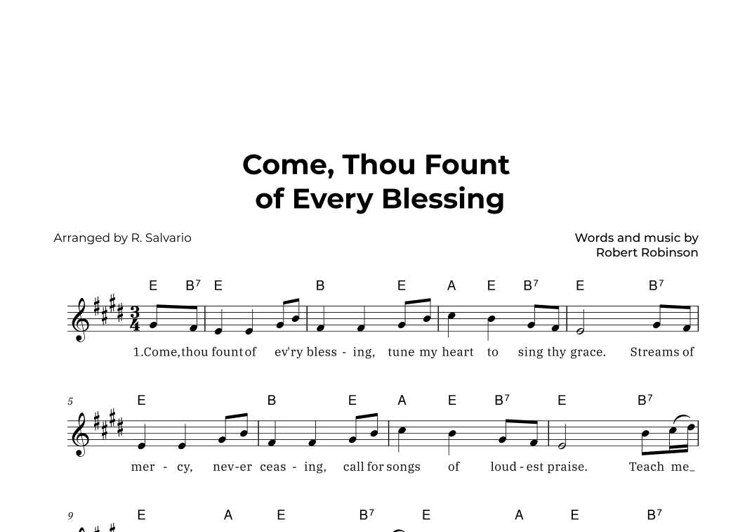 Come Thou Fount of Every Blessing (Key of E Major) (arr. R. Salvario)