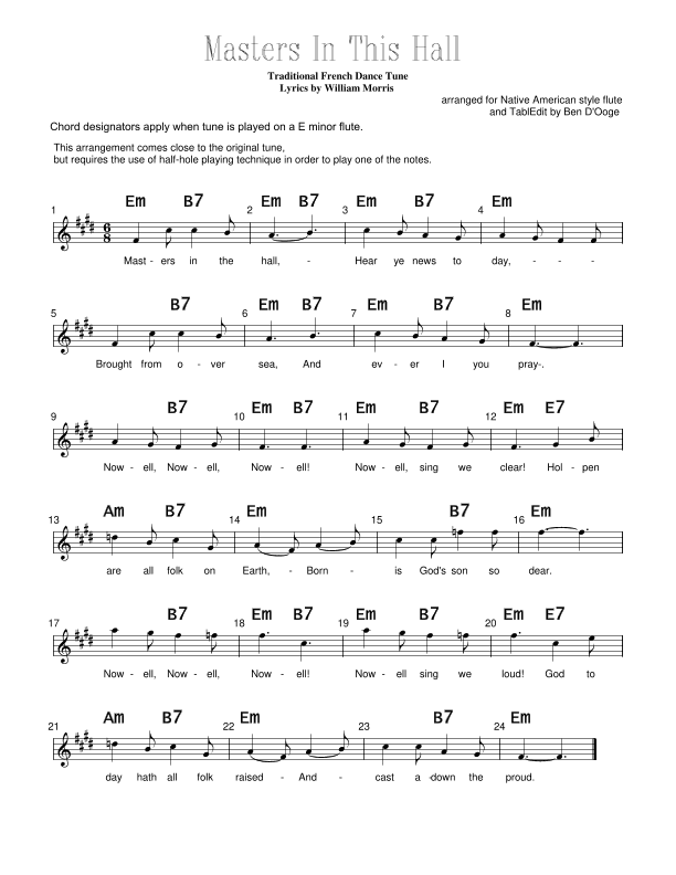 Masters In This Hall, for Native American style flute (arr. Ben D'Ooge)