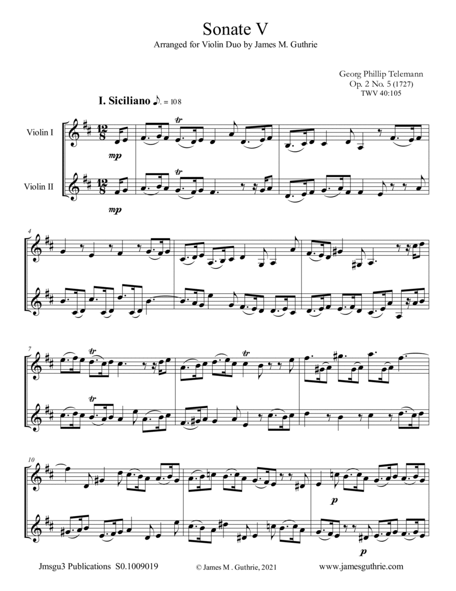 Telemann: Sonata Op. 2 No. 5 for Violin Duo (arr. James M. Guthrie)