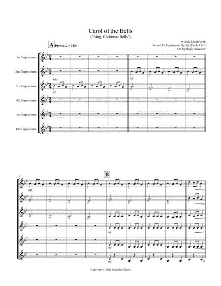 Carol of the Bells (F min) (Euphonium Sextet - Treble Clef) (arr. Regis Bookshar)