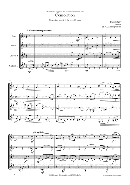 Consolation No. 5 in E Major - Wind Quartet (Flute, Oboe, 2 Clarinet) (arr. Anne L Christopherson GRSM ARCM)