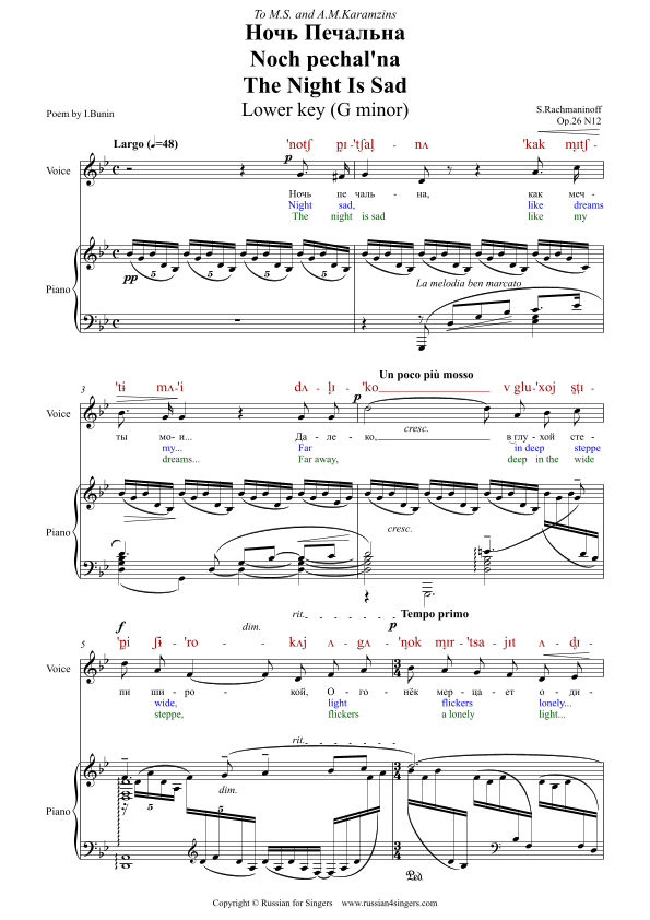 "The Night Is Sad" Op.26 N12 Lower Key (G minor) DICTION SCORE with IPA and translation (arr. Russian for Singers)