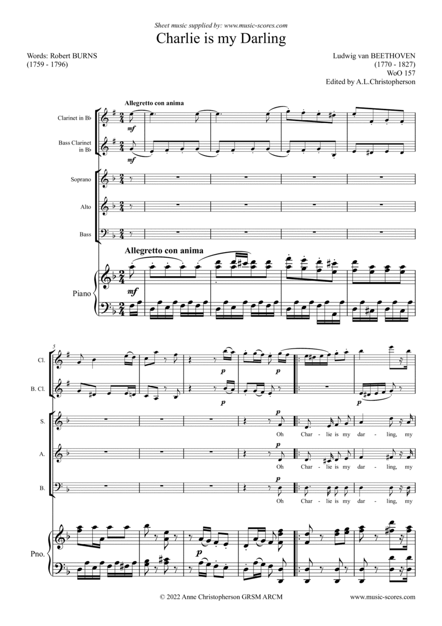 Oh Charlie is my Darling, WoO157 - Voices, Clarinet, Bass Clarinet and Piano (arr. Anne L Christopherson GRSM ARCM)