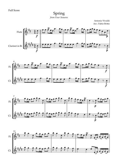 Spring (from Four Seasons of Antonio Vivaldi) for Flute & Clarinet in Bb Duo (arr. Fabio Britto)