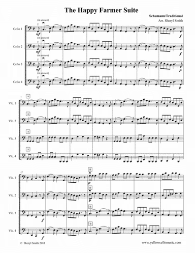The Happy Farmer with variations arranged for four beginner cellos (cello quartet) (arr. Yellow Cello Music)