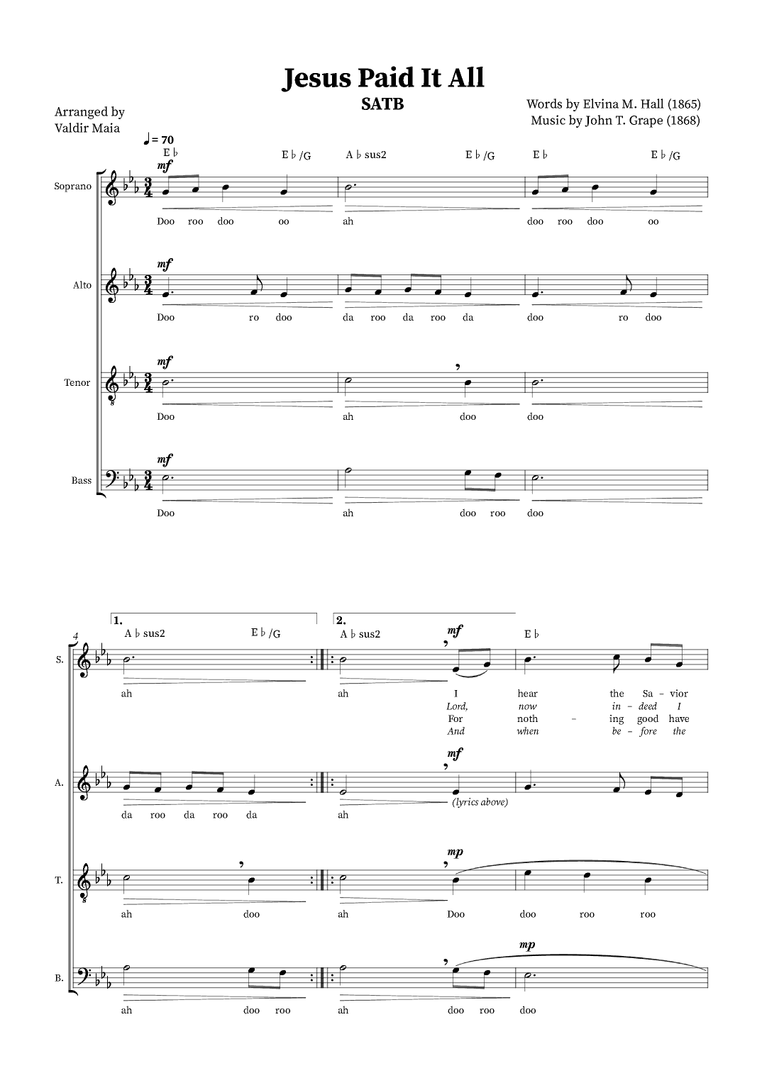 Jesus Paid It All - SATB Quartet or Choir (+ Chords) (arr. Valdir Maia)