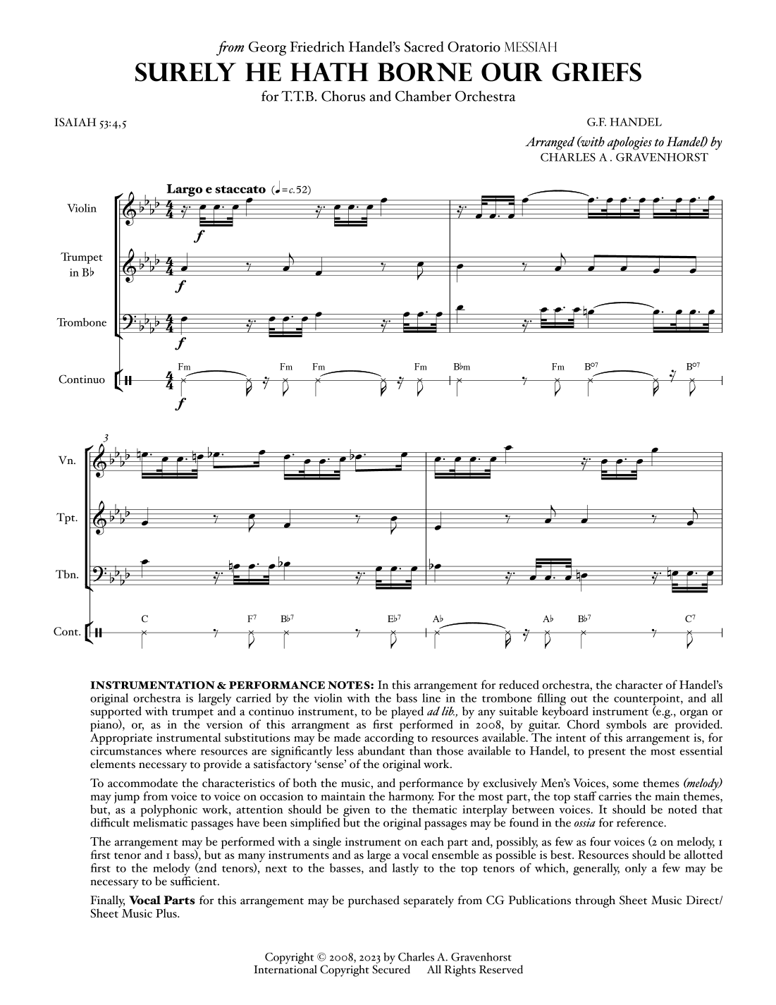 Surely He Hath Borne Our Griefs (from “MESSIAH”) for Men’s Chorus (TTB) – FULL SCORE (arr. Charles A. Gravenhorst)