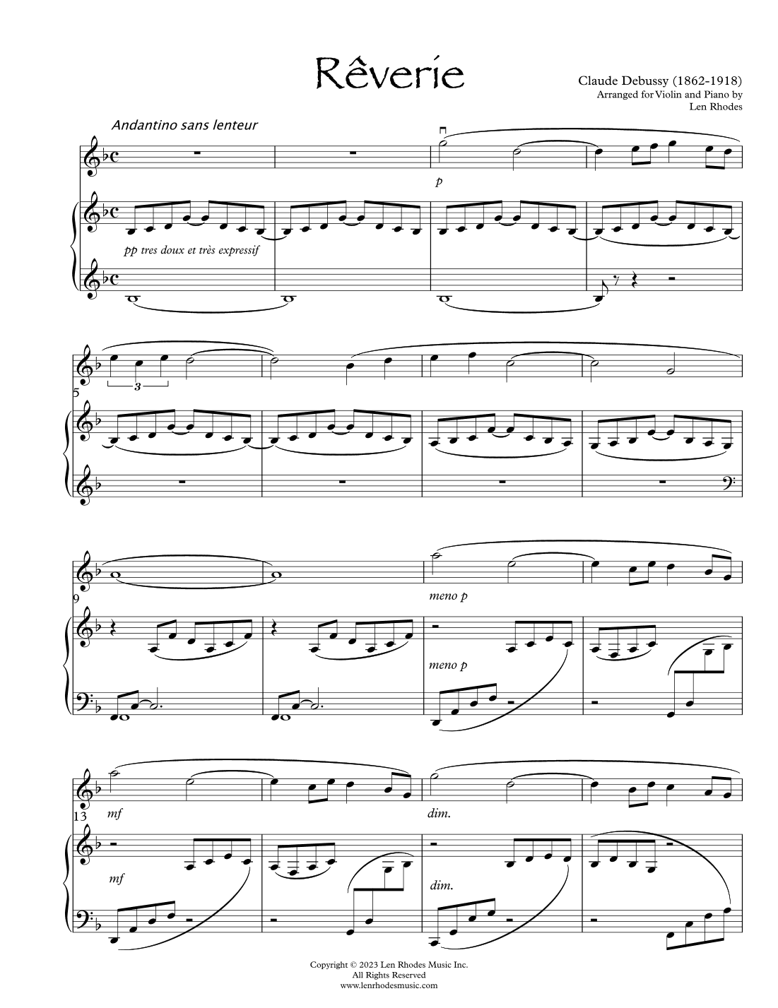 Rêverie - Claude Debussy, for Violin and Piano (arr. Len Rhodes)