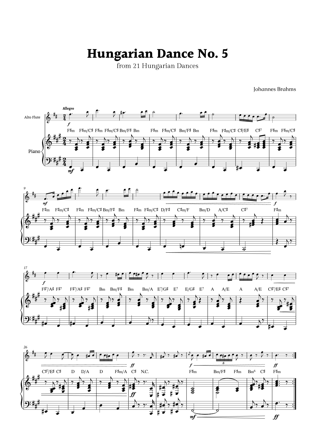 Hungarian Dance No. 5 by Brahms for Alto Flute and Piano with Chords (arr. Rika K.)