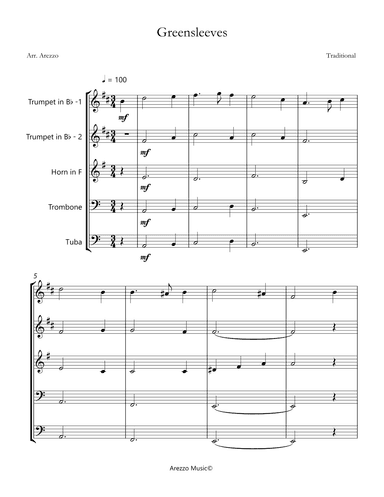 greensleeves brass Quintet sheet music (arr. Arezzo Music)