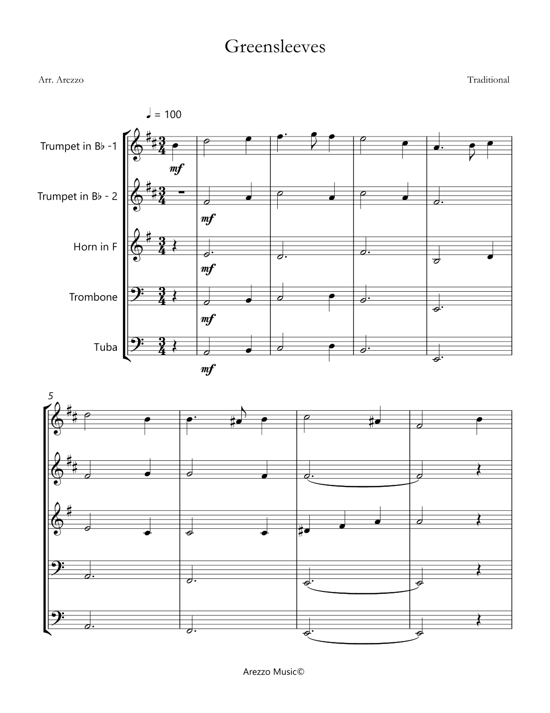 greensleeves brass Quintet sheet music (arr. Arezzo Music)