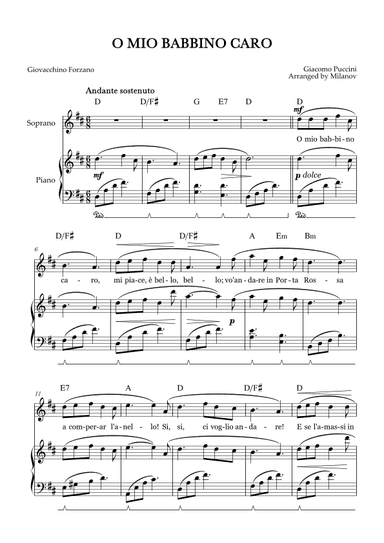 O Mio Babbino Caro | Female Voice Soprano | D Major | Piano accompaniment | Pedal | Chords (arr. Milanov)
